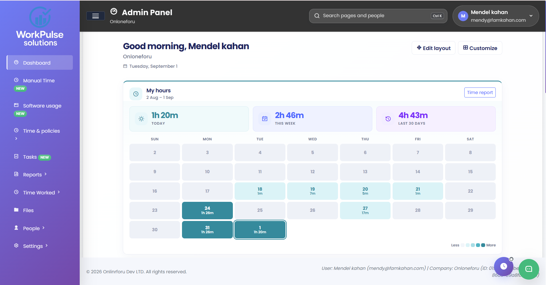 WorkPulse dashboard showing hours for today, this week and the last 30 days