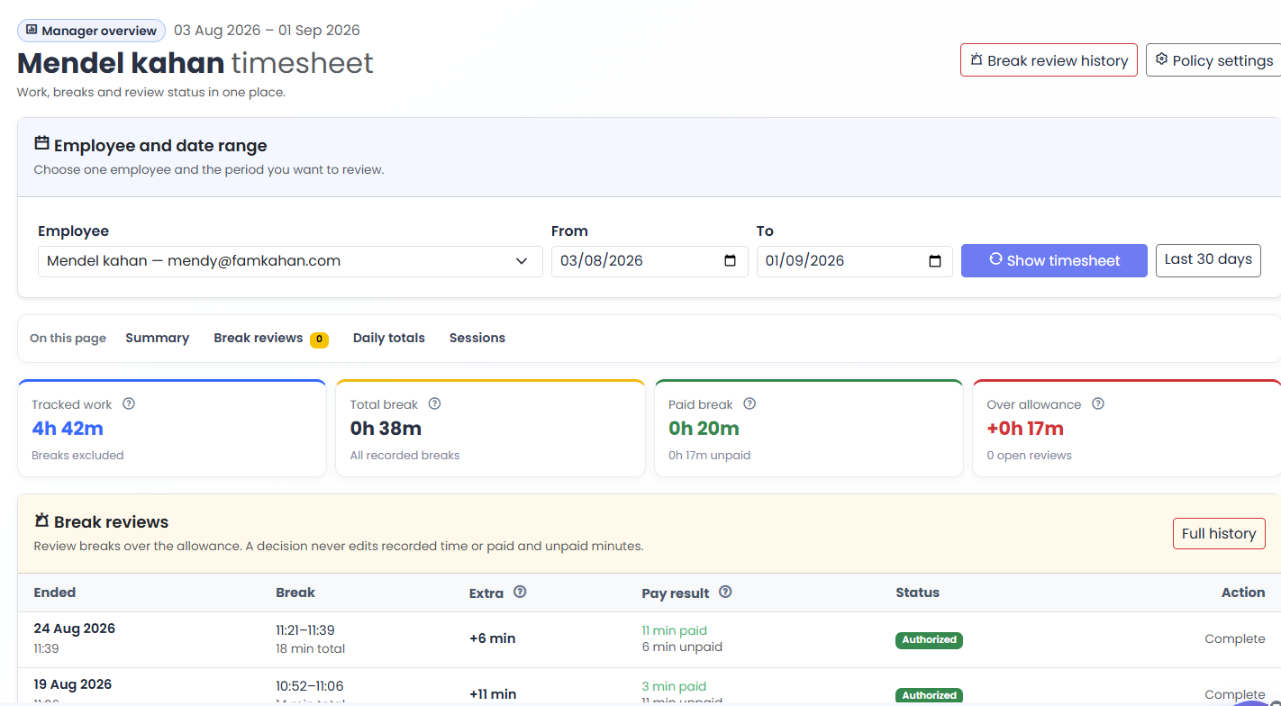 Employee timesheet with tracked work, breaks and break review status