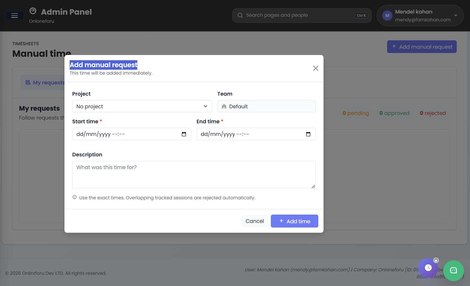 Add manual time request form with project, team, start time and end time