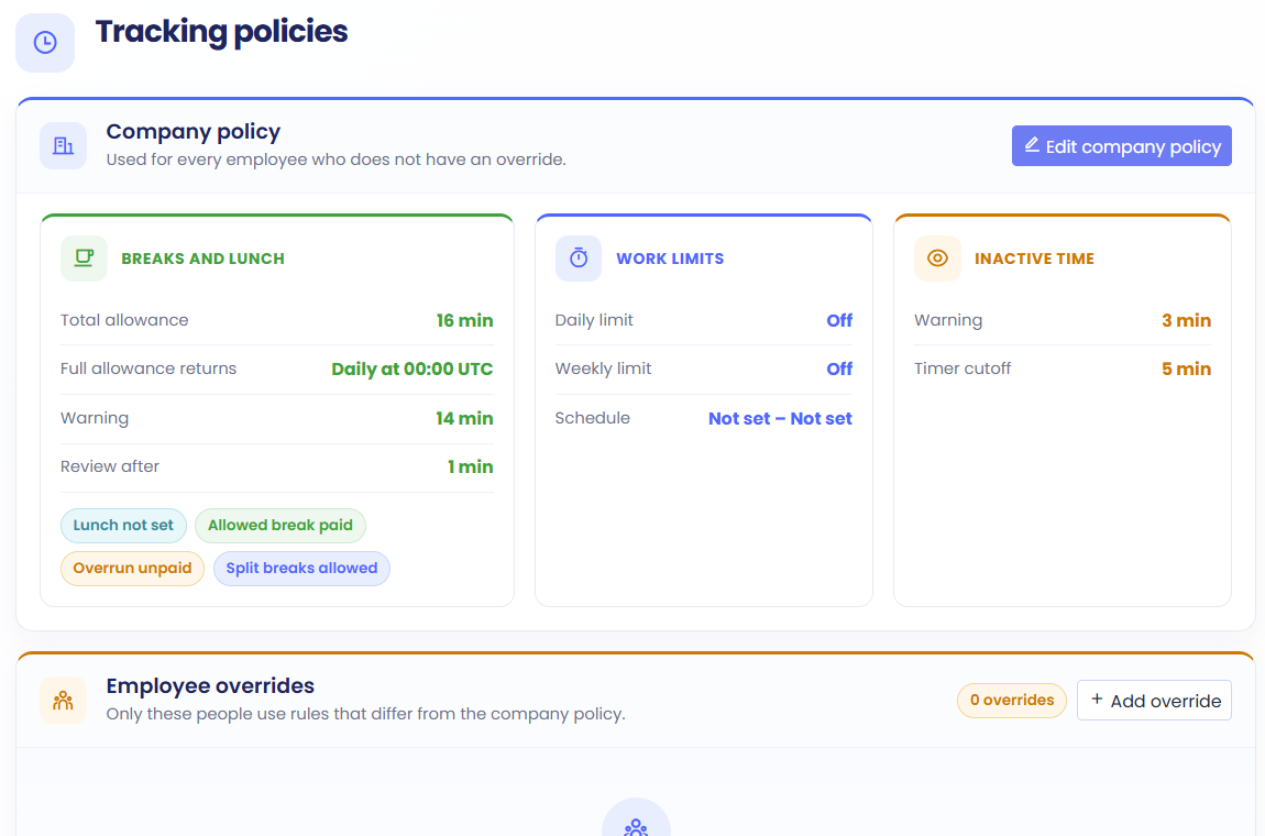 Tracking policies page with company break, work limit and inactive time rules